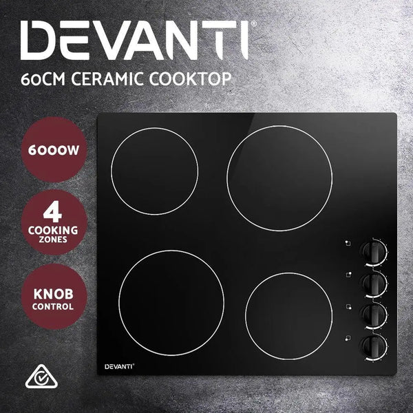 Devanti Ceramic Cooktop 60cm Electric Kitchen Burner Cooker 4 Zone Knobs Control Deals499