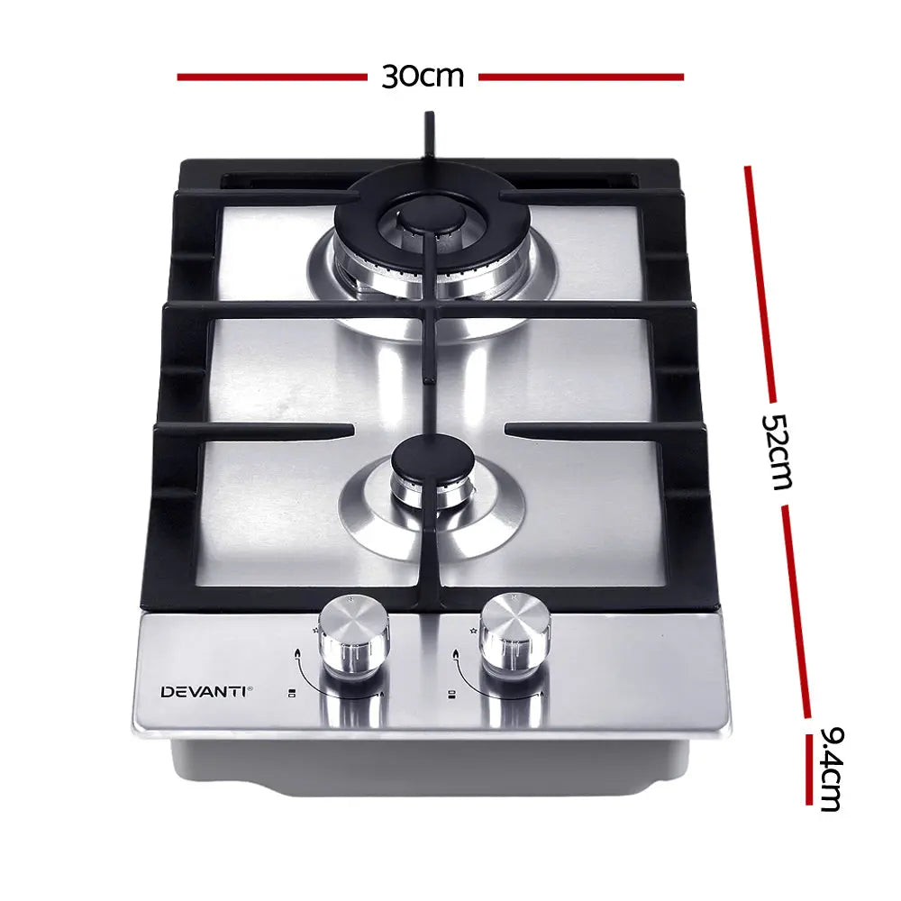 Devanti Gas Cooktop 30cm Gas Stove Cooker 2 Burner Cook Top Konbs NG LPG Steel Deals499