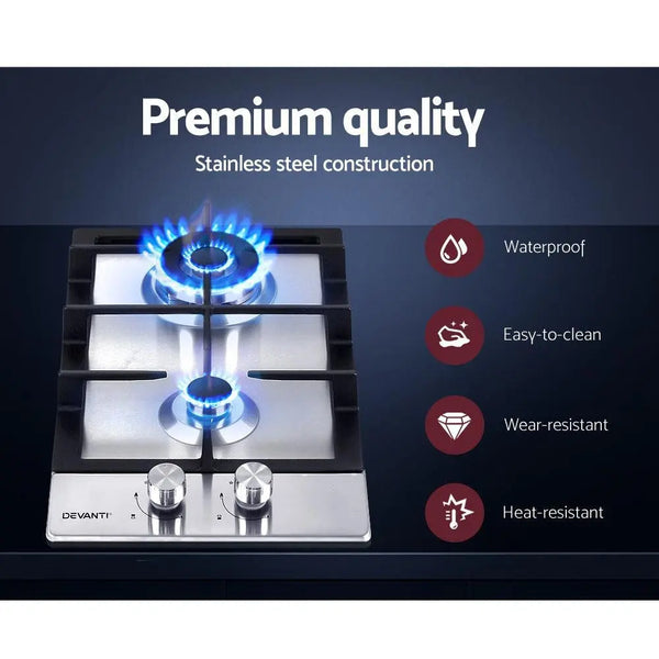 Devanti Gas Cooktop 30cm Gas Stove Cooker 2 Burner Cook Top Konbs NG LPG Steel Deals499