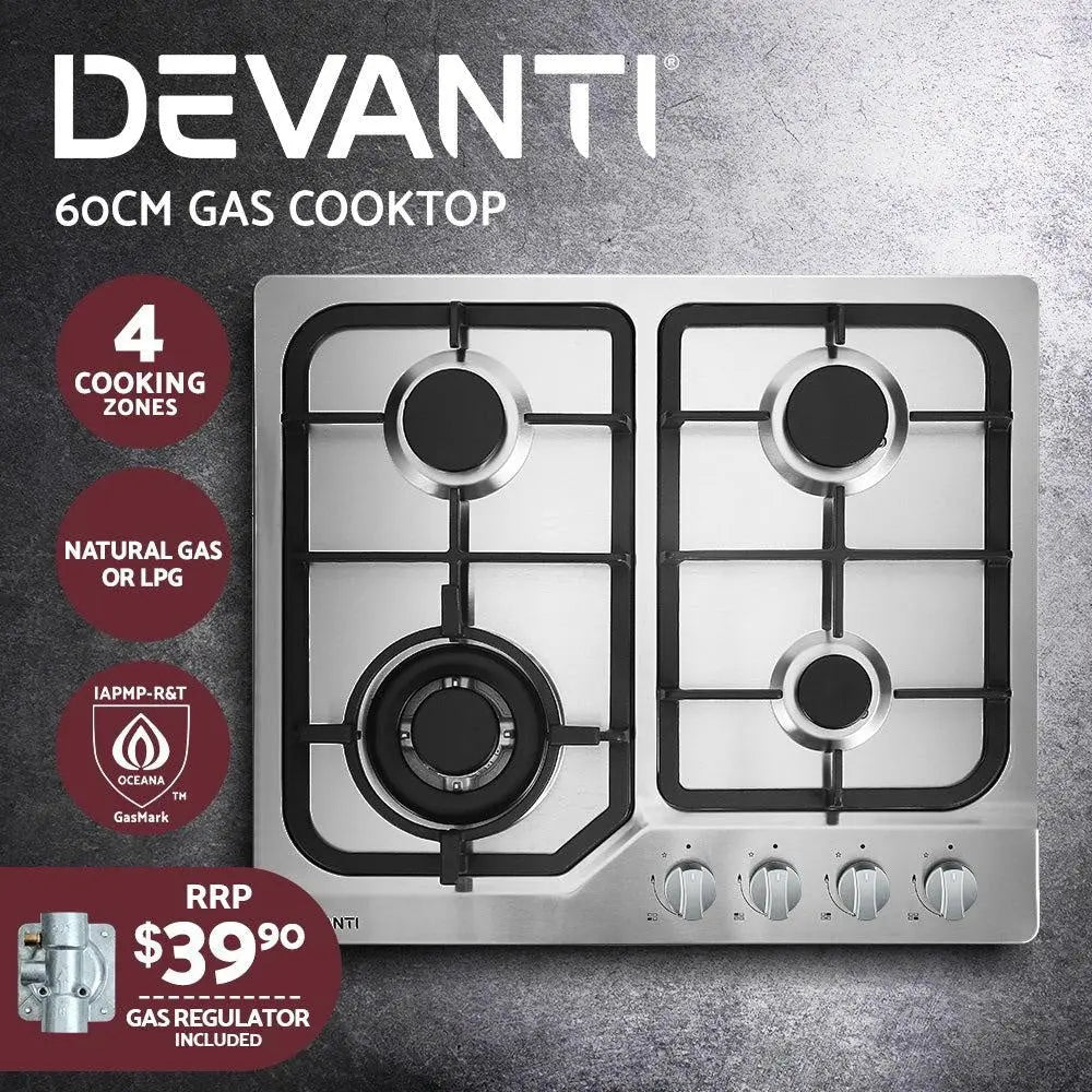 Devanti Gas Cooktop 60cm Gas Stove Cooker 4 Burner Cook Top Konbs NG LPG Steel Deals499
