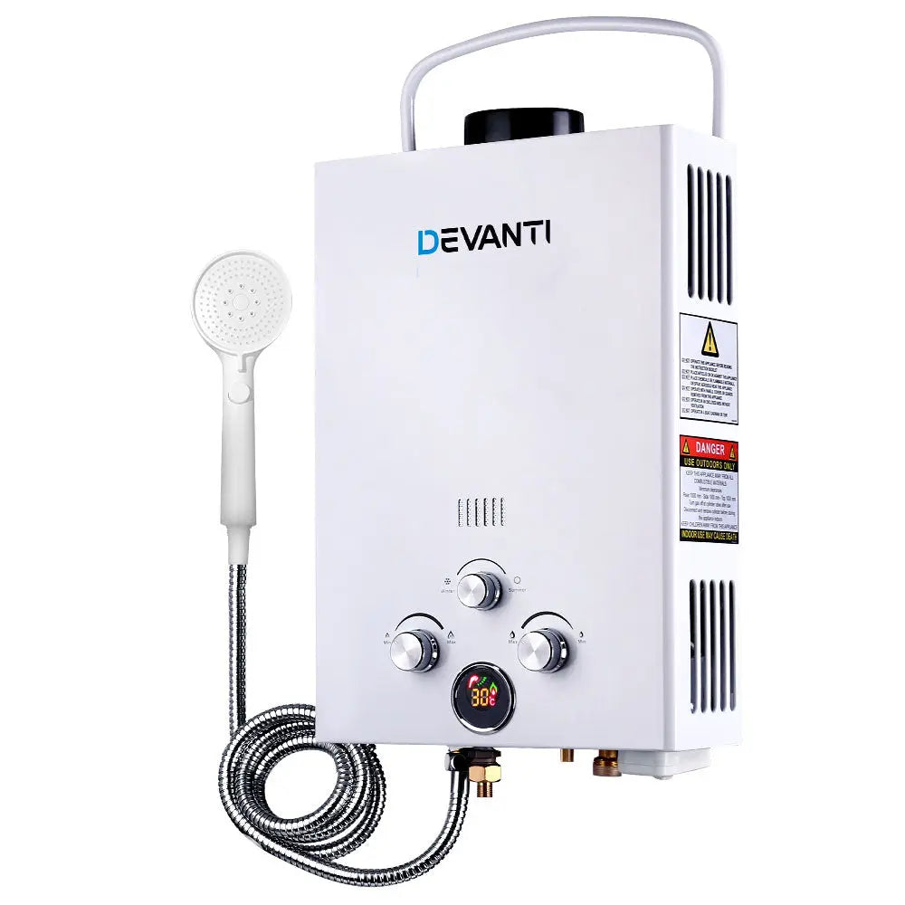 Devanti Portable Gas Hot Water Heater Outdoor Camping Shower 12V Pump White Deals499