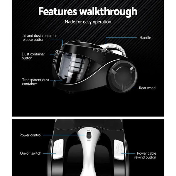 Devanti Vacuum Cleaner Bagless Cyclone Cyclonic Vac Home Office Car 2200W Black Deals499