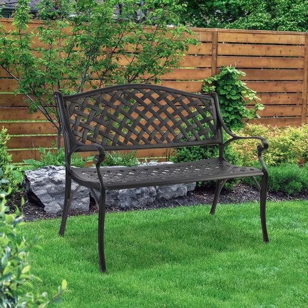 Gardeon Garden Bench Outdoor Seat Chair Cast Aluminium Park Black Deals499