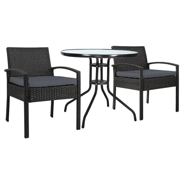 Gardeon Outdoor Furniture Dining Chairs Wicker Garden Patio Cushion Black 3PCS Sofa Set Tea Coffee Cafe Bar Set Deals499