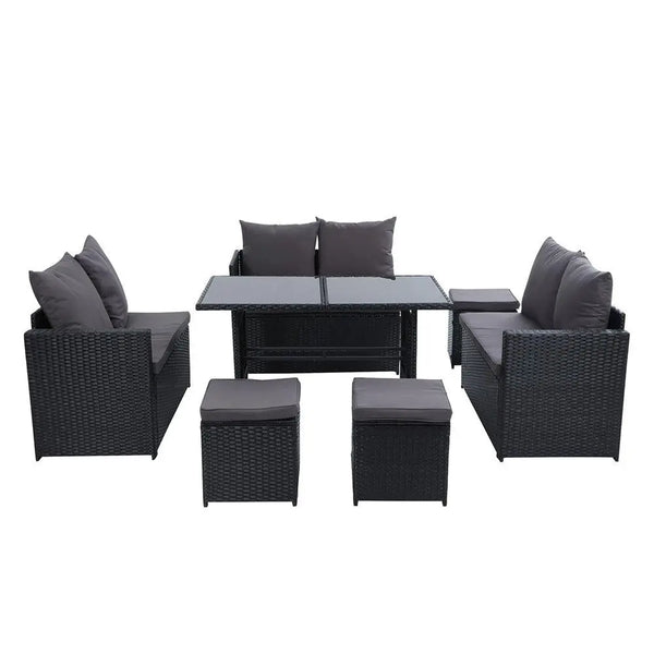 Gardeon Outdoor Furniture Dining Setting Sofa Set Lounge Wicker 9 Seater Black Deals499