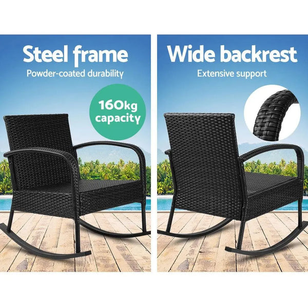 Gardeon Outdoor Furniture Rocking Chair Wicker Garden Patio Lounge Setting Black Deals499