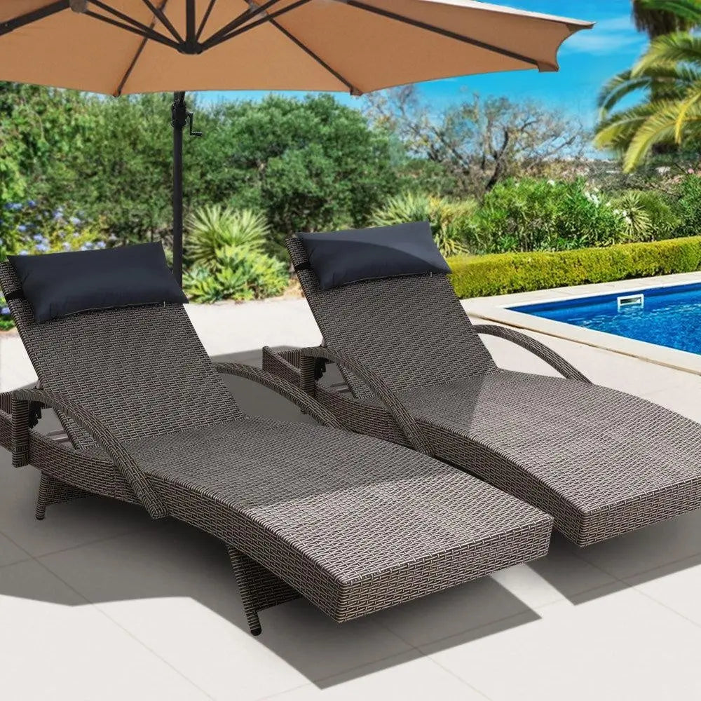 Gardeon Set of 2 Sun Lounge Outdoor Furniture Wicker Lounger Rattan Day Bed Garden Patio Grey Deals499