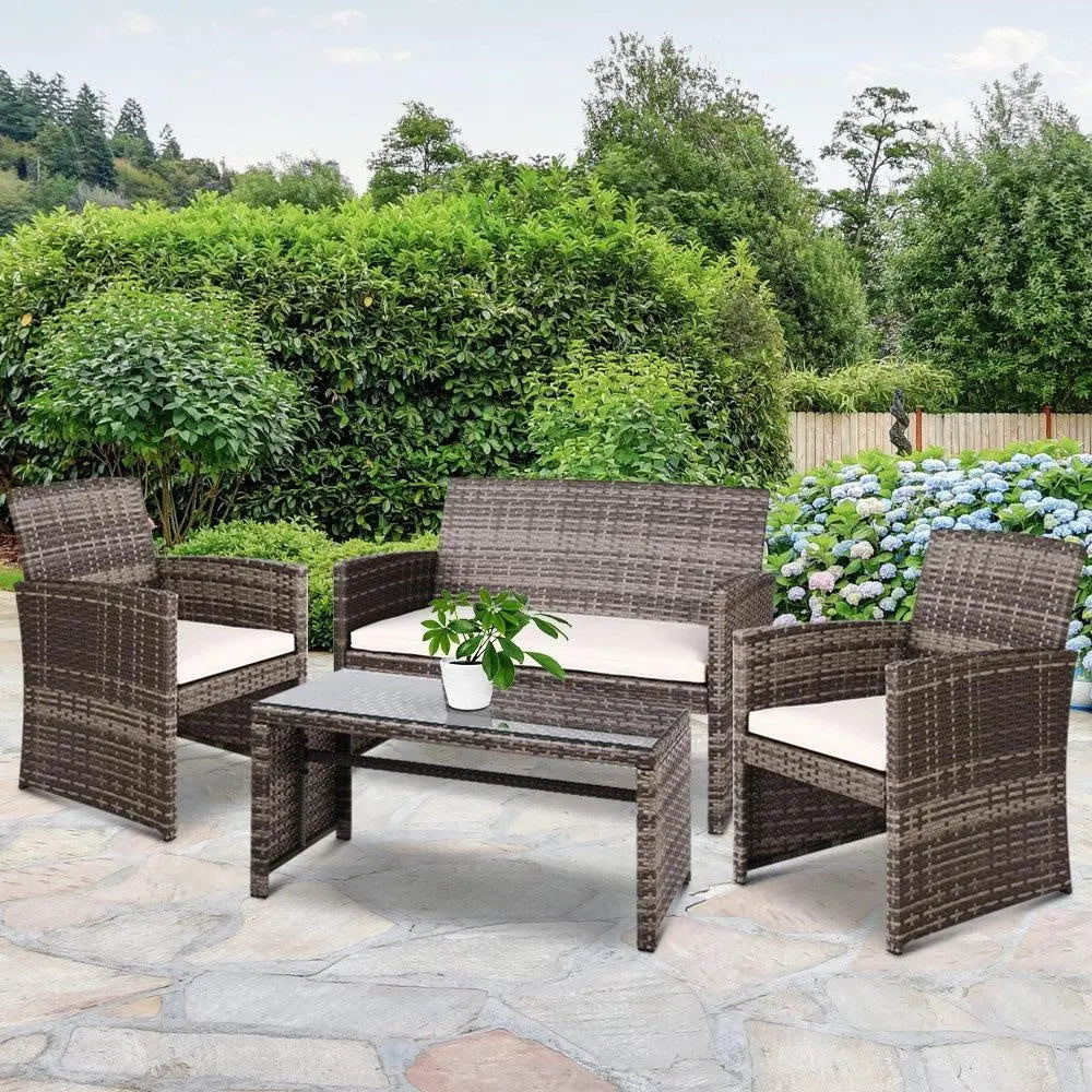 Gardeon Set of 4 Outdoor Wicker Chairs & Table - Grey Deals499