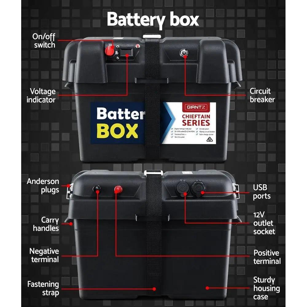 Giantz 140Ah Deep Cycle Battery & Battery Box 12V AGM Marine Sealed Power Solar Caravan 4WD Camping Deals499