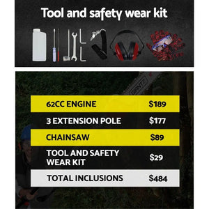 Giantz 62CC Pole Chainsaw Petrol Chain Saw Brush Cutter Brushcutter Tree Deals499