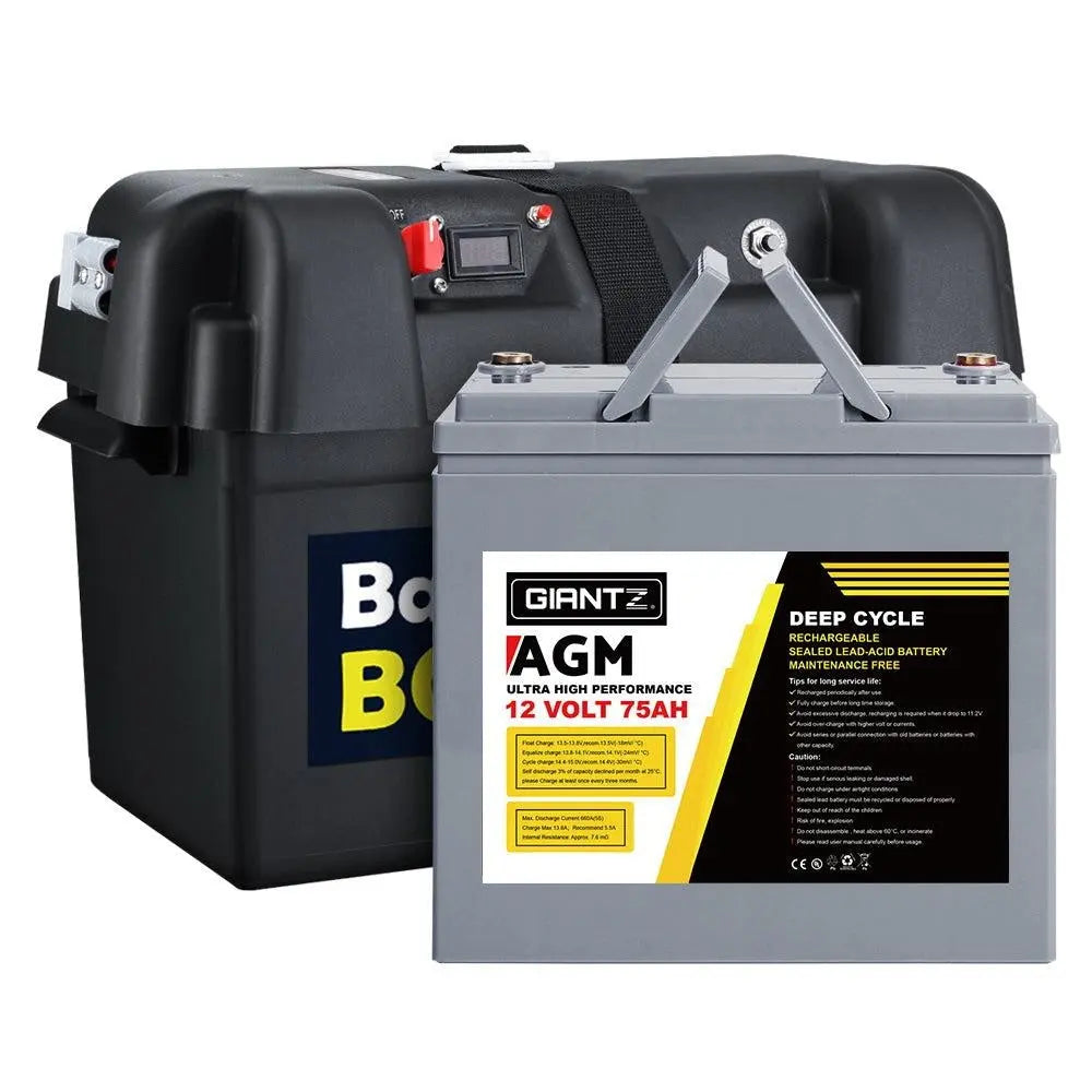 Giantz 75Ah Deep Cycle Battery & Battery Box 12V AGM Marine Sealed Power Solar Caravan 4WD Camping Deals499