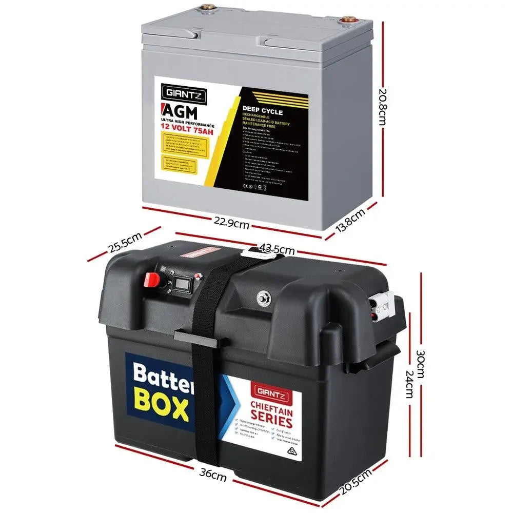 Giantz 75Ah Deep Cycle Battery & Battery Box 12V AGM Marine Sealed Power Solar Caravan 4WD Camping Deals499
