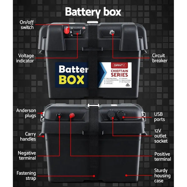 Giantz 75Ah Deep Cycle Battery & Battery Box 12V AGM Marine Sealed Power Solar Caravan 4WD Camping Deals499