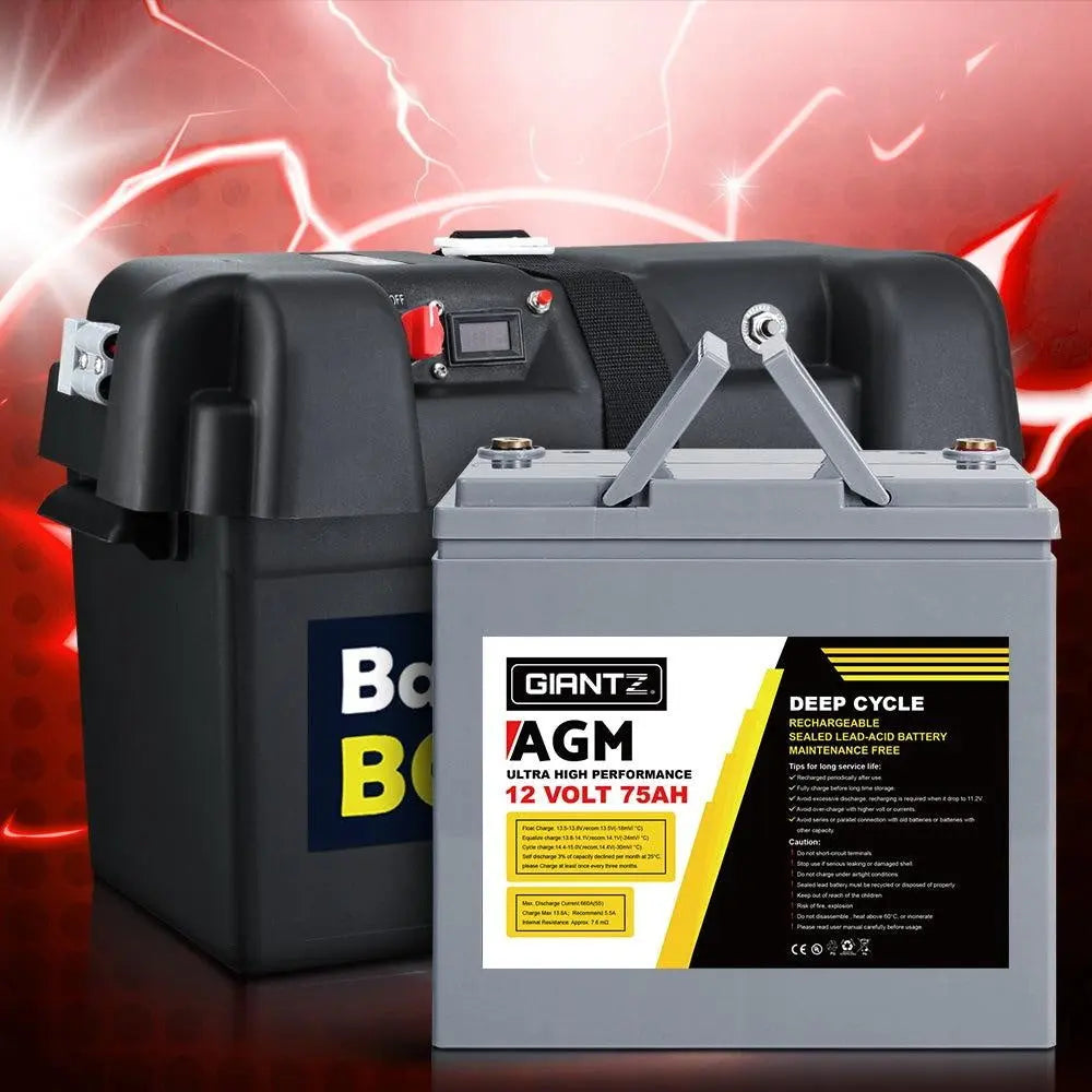 Giantz 75Ah Deep Cycle Battery & Battery Box 12V AGM Marine Sealed Power Solar Caravan 4WD Camping Deals499