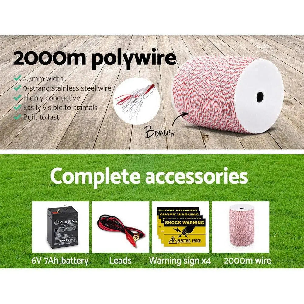 Giantz 8KM Solar Electric Fence Energiser Energizer 0.3J + 2000M Poly Fencing Wire Tape Deals499
