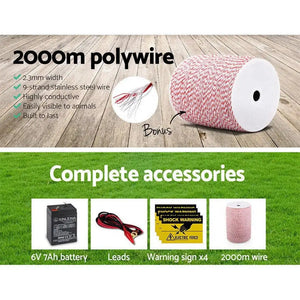 Giantz 8KM Solar Electric Fence Energiser Energizer 0.3J + 2000M Poly Fencing Wire Tape Deals499