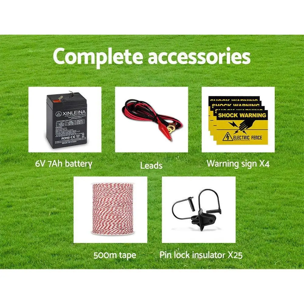 Giantz 8km Solar Electric Fence Energiser Charger with 500M Tape and 25pcs Insulators Deals499