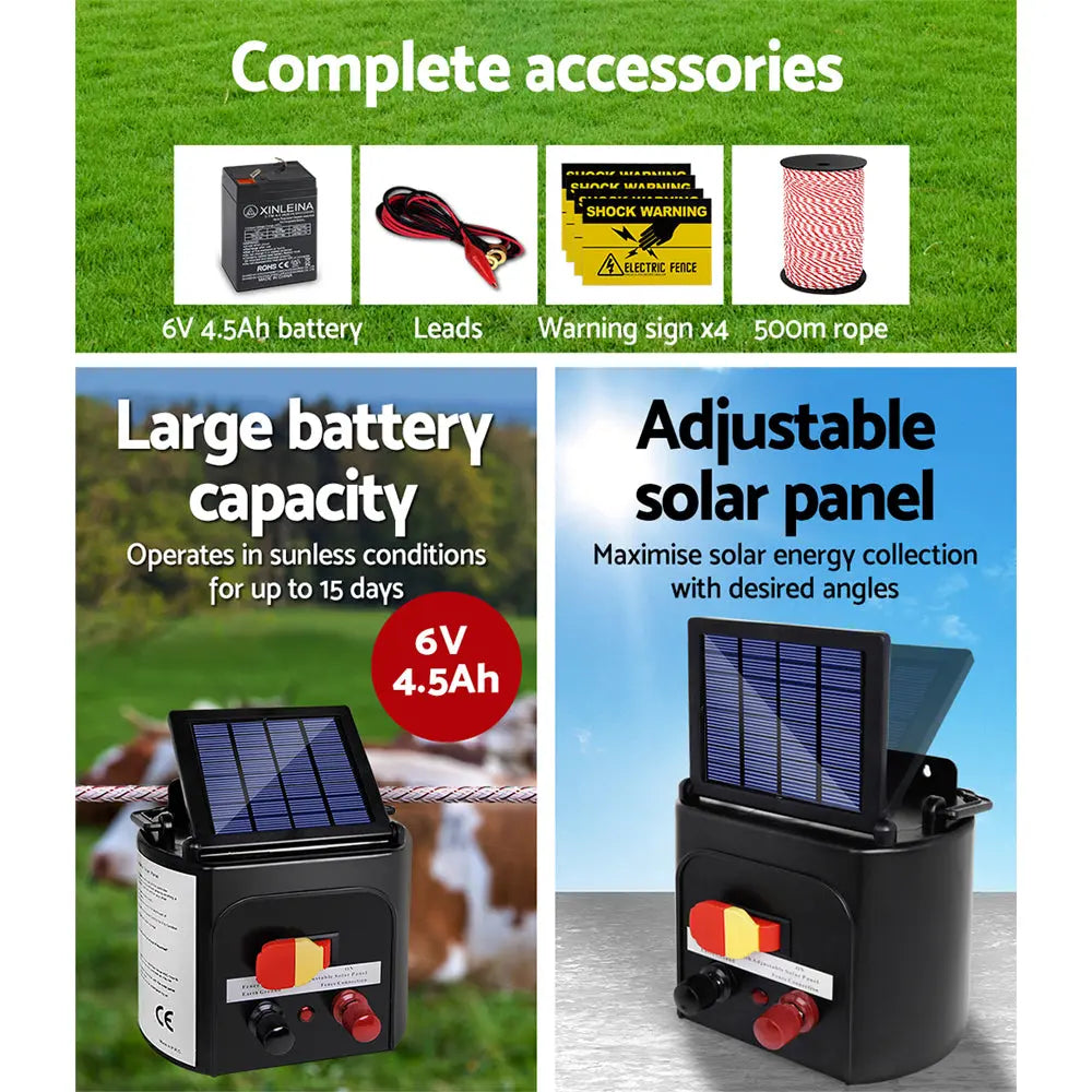 Giantz Electric Fence Energiser 5km Solar Powered Charger + 500m Rope Deals499