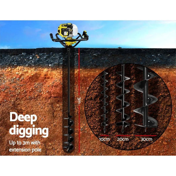 Giantz Post Hole Digger 92CC Petrol Auger Diggers Drill Borer Fence Earth Power Deals499