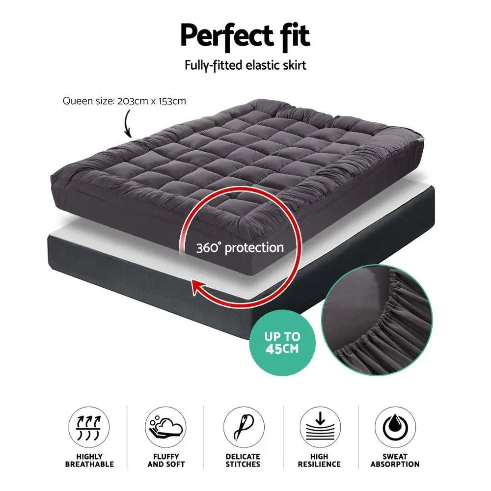 Giselle Queen Mattress Topper Pillowtop 1000GSM Charcoal Microfibre Bamboo Fibre Filling Protector Giselle