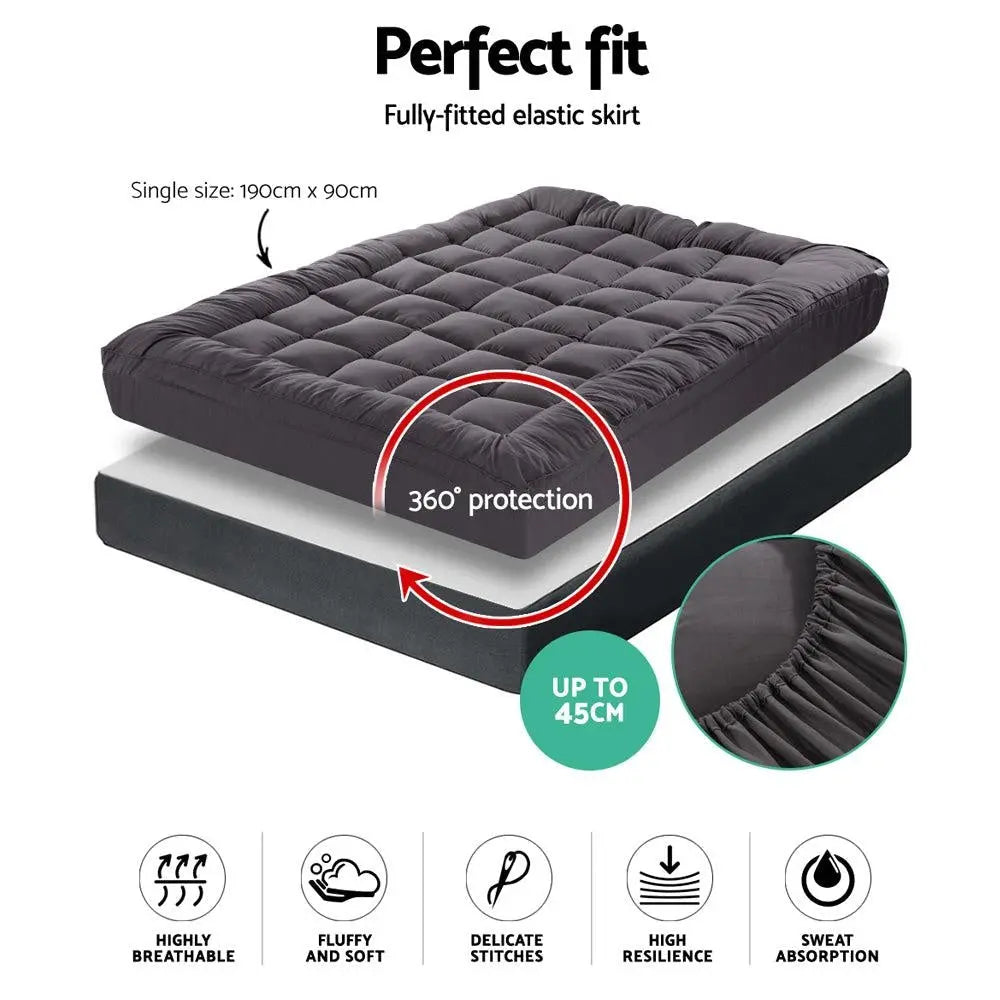 Giselle Single Mattress Topper Pillowtop 1000GSM Charcoal Microfibre Bamboo Fibre Filling Protector Giselle