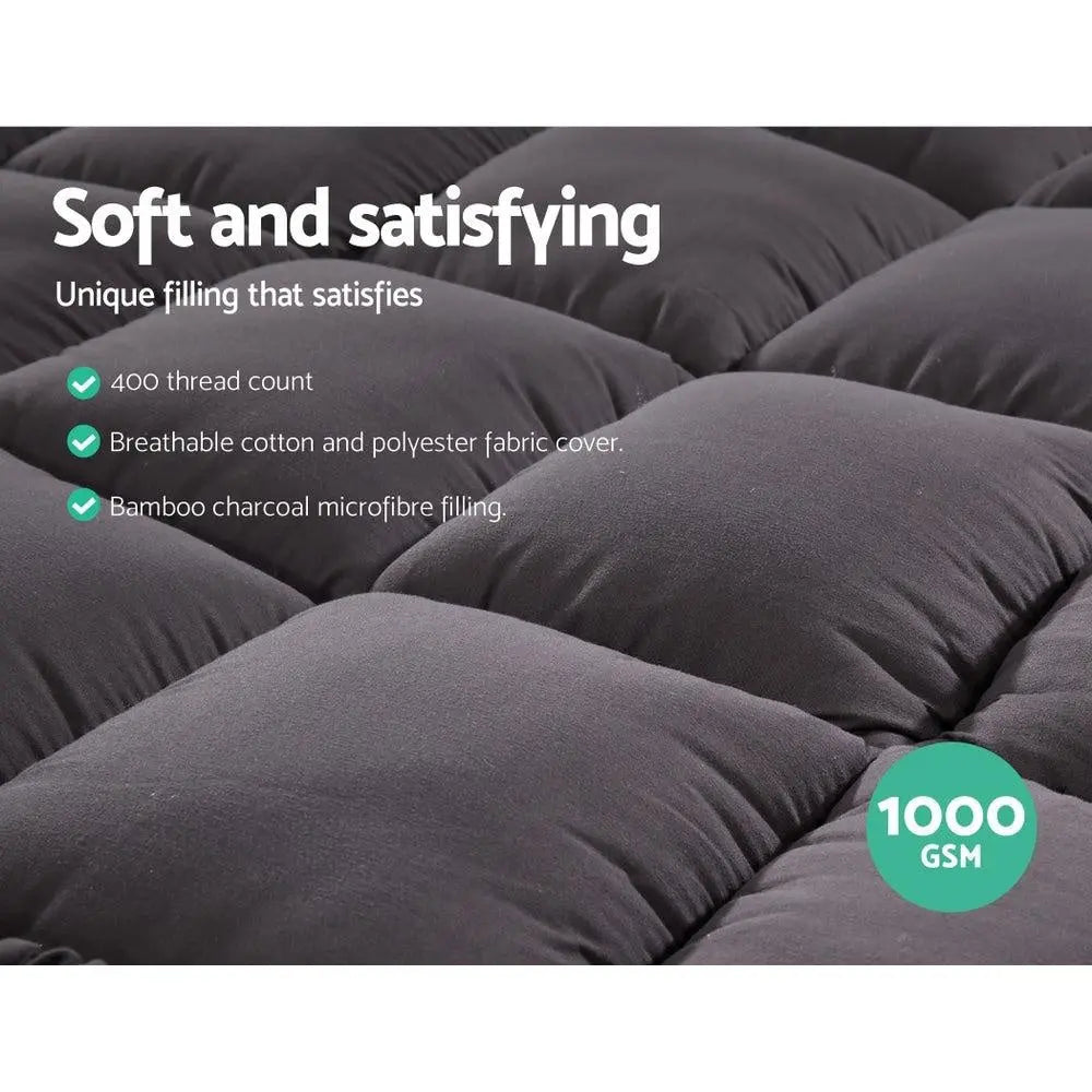 Giselle Single Mattress Topper Pillowtop 1000GSM Charcoal Microfibre Bamboo Fibre Filling Protector Giselle