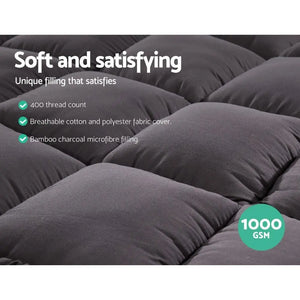 Giselle Single Mattress Topper Pillowtop 1000GSM Charcoal Microfibre Bamboo Fibre Filling Protector Giselle