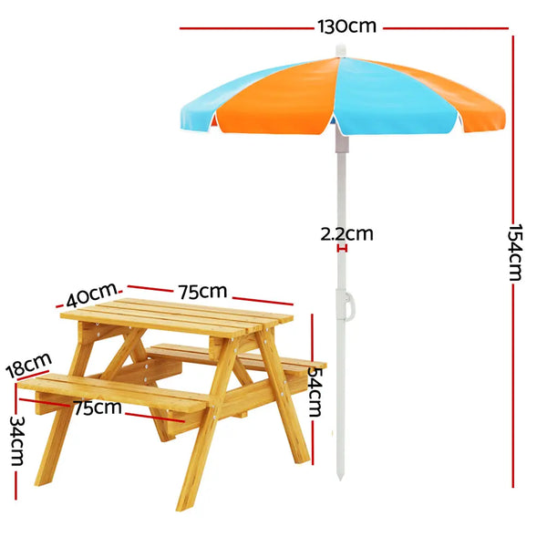 Keezi Kids Outdoor Table and Chairs Picnic Bench Seat Umbrella Children Wooden Deals499