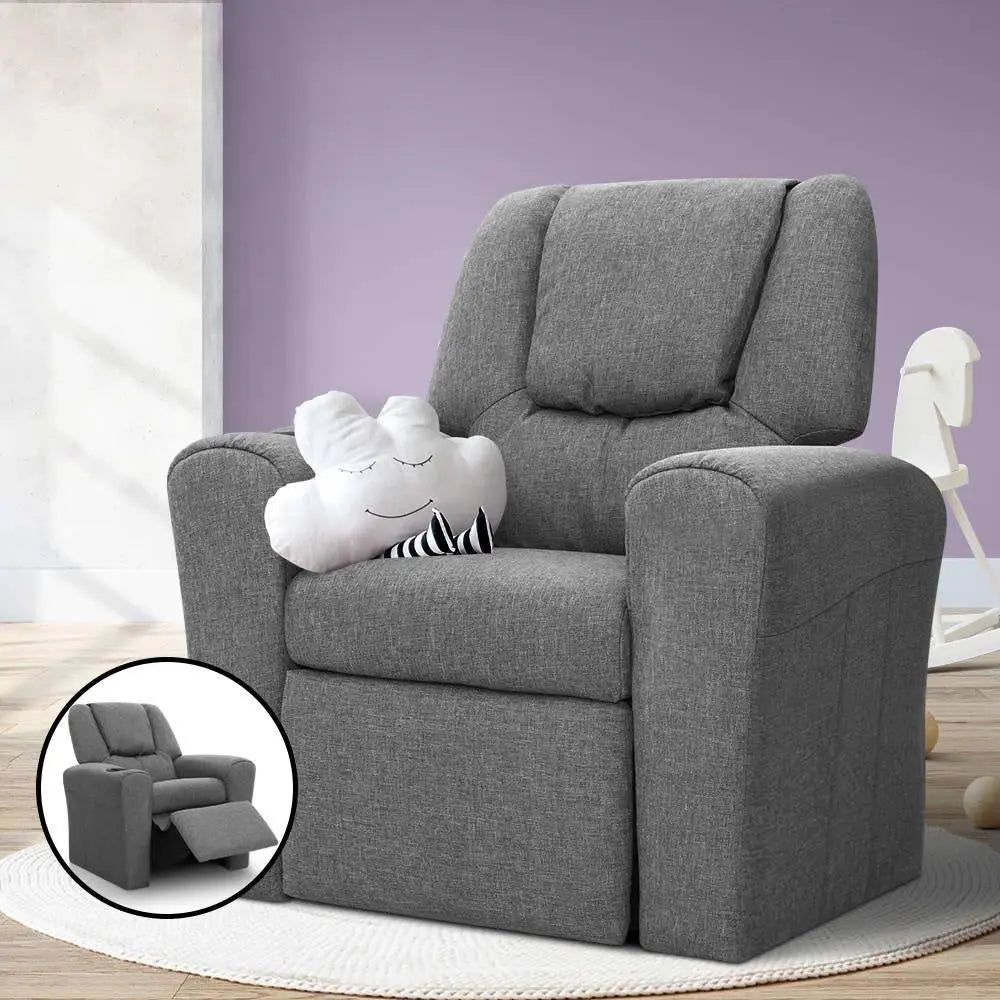 Keezi Kids Recliner Chair Grey Linen Soft Sofa Lounge Couch Children Armchair Deals499