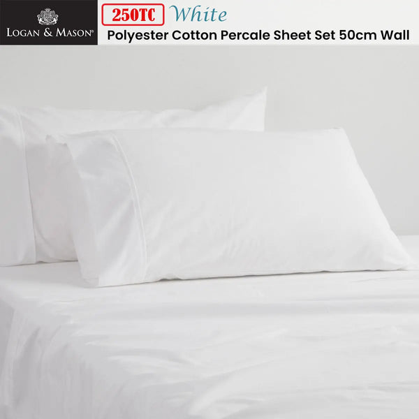 Logan and Mason 250TC 50% Polyester 50% Cotton Percale Sheet Set White 50cm Wall King Single from Deals499 at Deals499