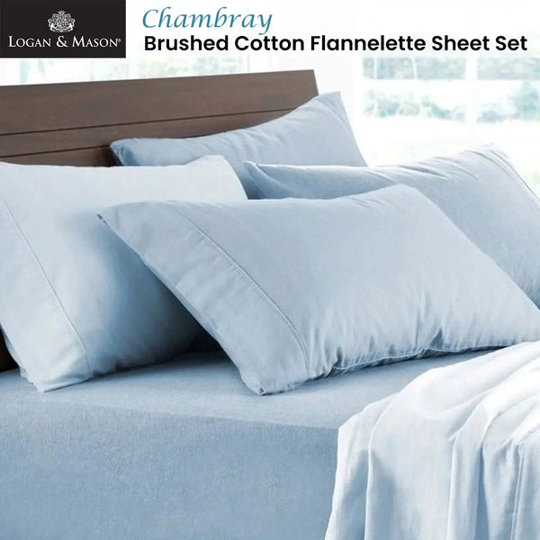 Logan and Mason Soft Brushed Cotton Flannelette Sheet Set Chambray 40cm Wall Queen from Deals499 at Deals499