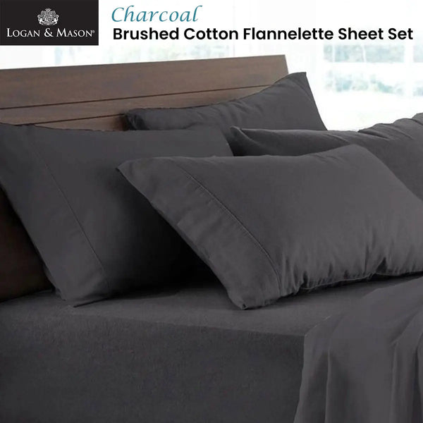 Logan and Mason Soft Brushed Cotton Flannelette Sheet Set Charcoal 40cm Wall Queen from Deals499 at Deals499