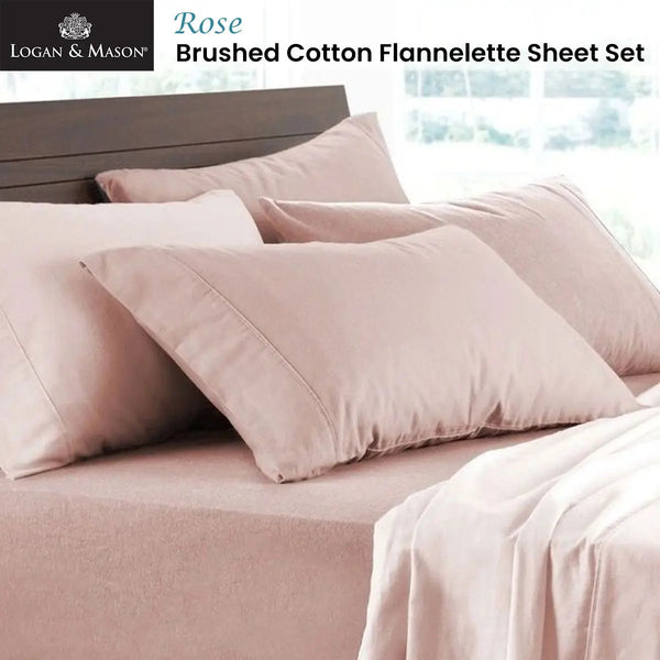 Logan and Mason Soft Brushed Cotton Flannelette Sheet Set Rose 40cm Wall Queen from Deals499 at Deals499