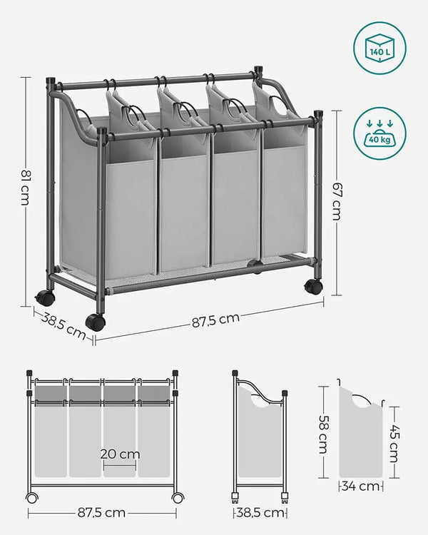 SONGMICS Laundry Basket with 4 Removable Laundry Bin on Wheels Gray LSF005GS from Deals499 at Deals499