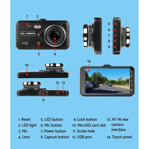 UL Tech 4 Inch Dual Camera Dash Camera - Black Deals499