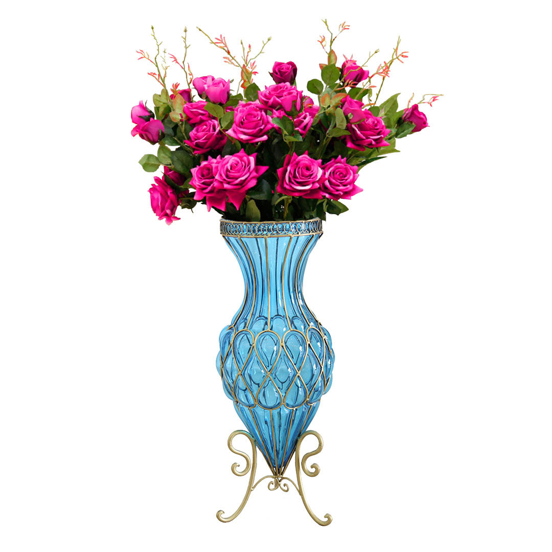 SOGA 67cm Blue Glass Tall Floor Vase and 12pcs Dark Pink Artificial Fake Flower Set Soga