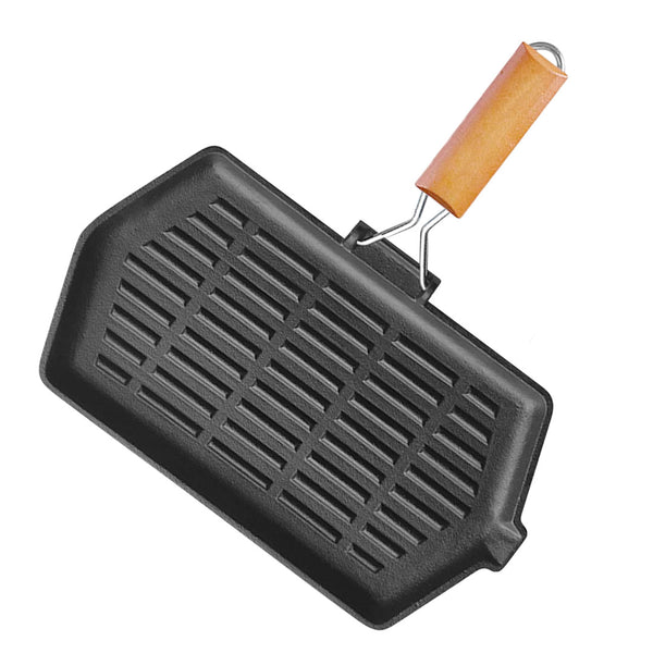 SOGA Rectangular Cast Iron Griddle Grill Frying Pan with Folding Wooden Handle Soga
