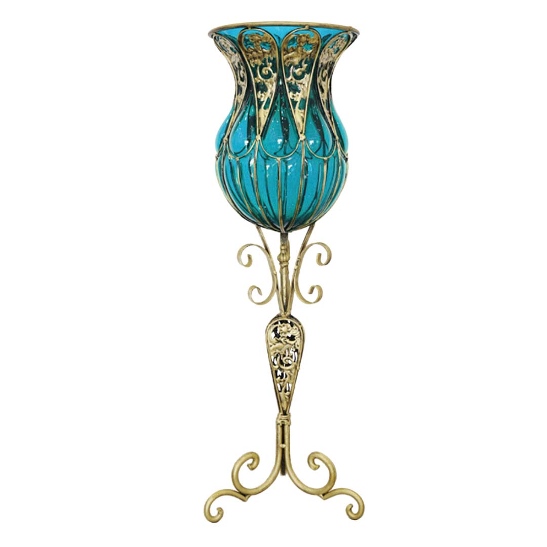 SOGA 85cm Blue Glass Floor Vase with Tall Metal Flower Stand Soga