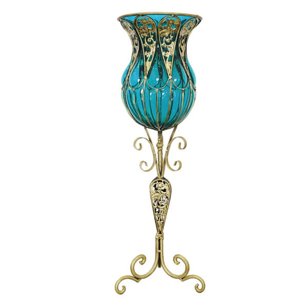 SOGA 85cm Blue Glass Floor Vase with Tall Metal Flower Stand Soga