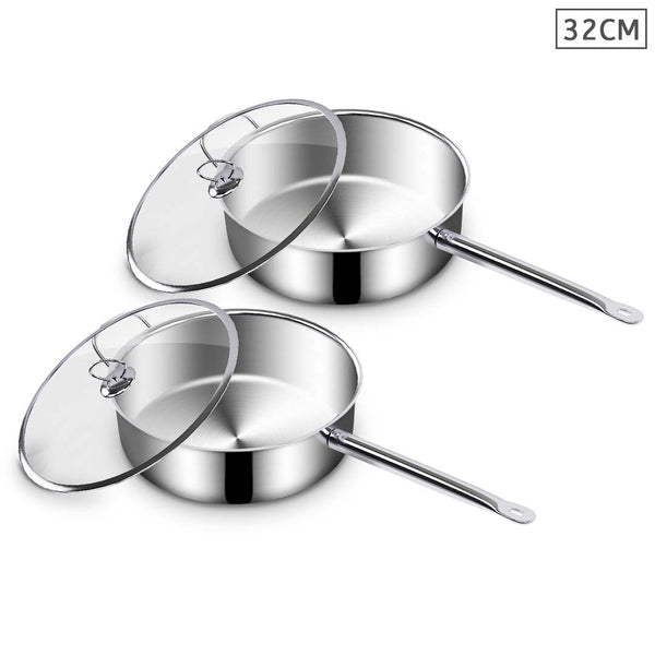 SOGA 2X 32cm Stainless Steel Saucepan Sauce pan with Glass Lid and Helper Handle Triple Ply Base Cookware Soga