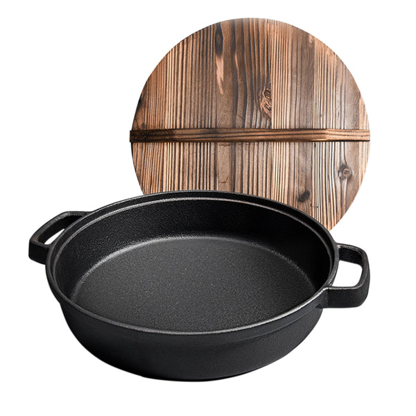 SOGA 35cm Round Cast Iron Pre-seasoned Deep Baking Pizza Frying Pan Skillet with Wooden Lid Soga