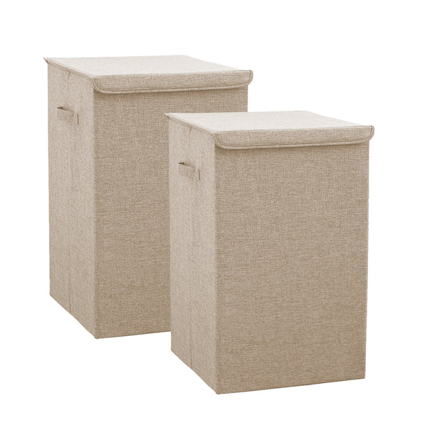 SOGA 2X Beige Medium Collapsible Laundry Hamper Storage Box Foldable Canvas Basket Home Organiser Decor Soga