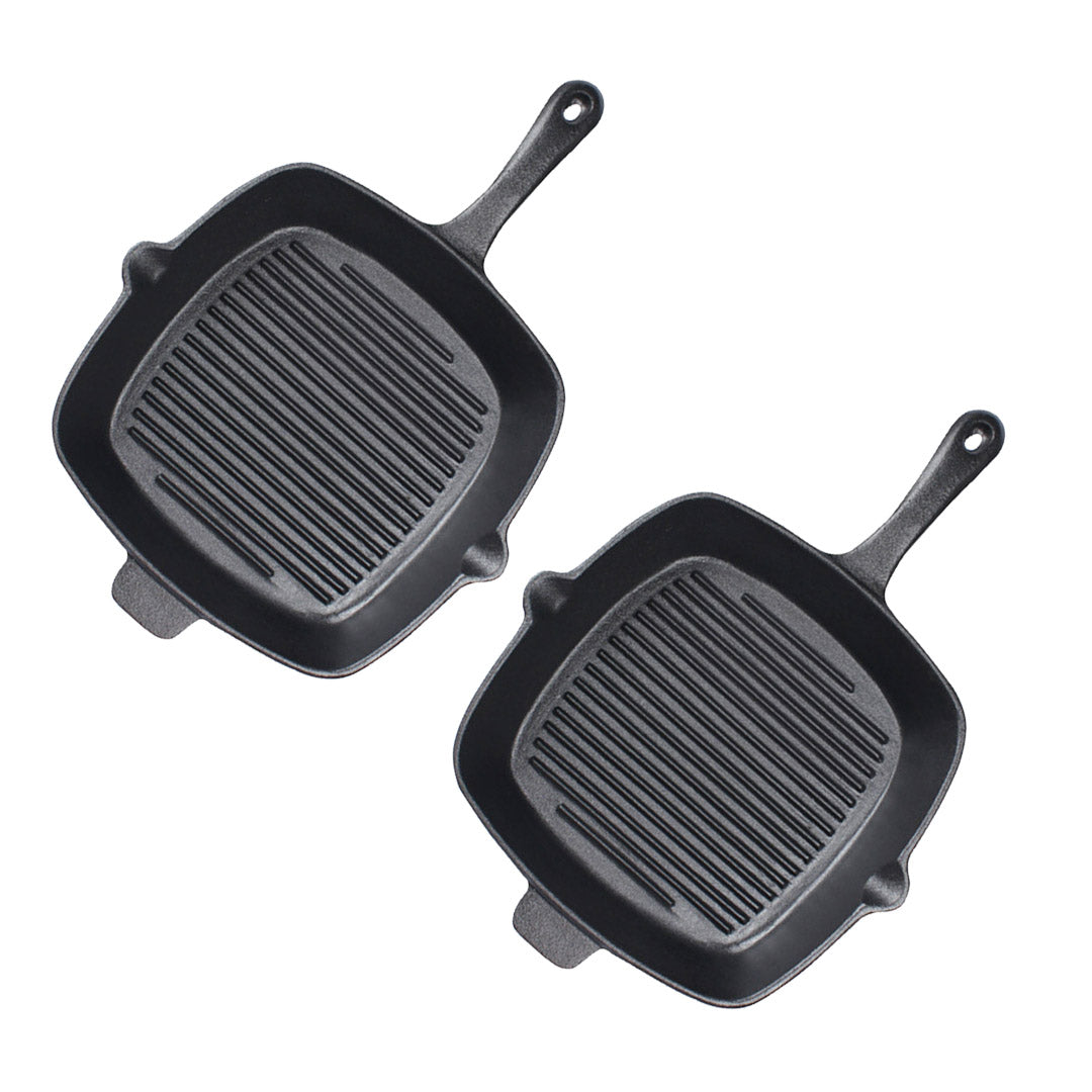 SOGA 2X 26cm Square Ribbed Cast Iron Frying Pan Skillet Steak Sizzle Platter with Handle Soga
