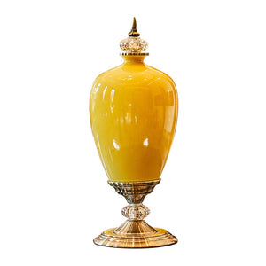 SOGA 42.50cm Ceramic Oval Flower Vase with Gold Metal Base Yellow Soga