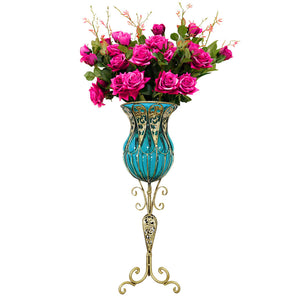 SOGA 85cm Blue Glass Tall Floor Vase and 12pcs Dark Pink Artificial Fake Flower Set Soga