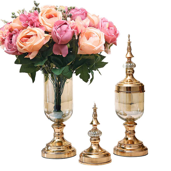 SOGA 2X Clear Glass Flower Vase with Lid and Pink Flower Filler Vase Gold Set Soga
