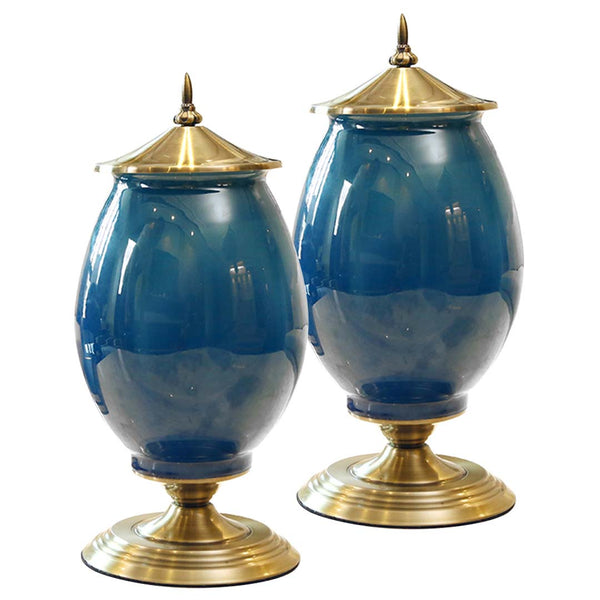 SOGA 2X 40cm Ceramic Oval Flower Vase with Gold Metal Base Dark Blue Soga
