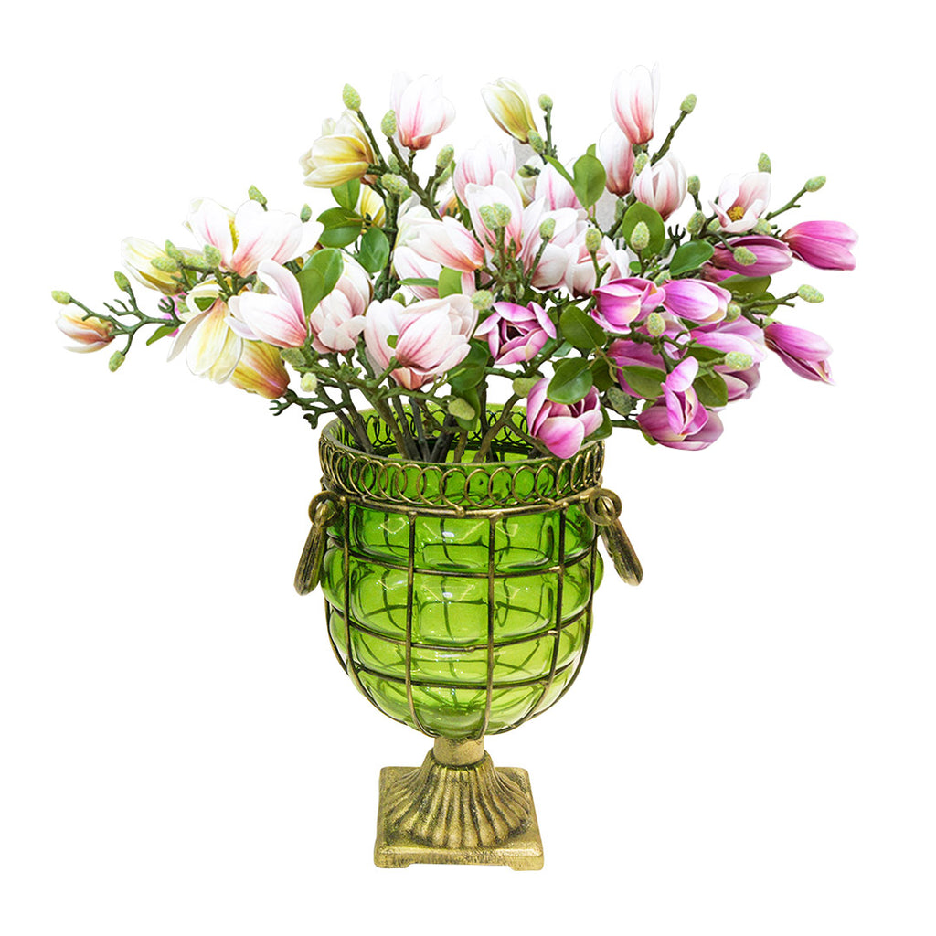 SOGA Green Glass Flower Vase with 6 Bunch 4 Heads Artificial Fake Silk Magnolia denudata Home Decor Set Soga