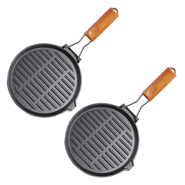 SOGA 2X 24cm Round Ribbed Cast Iron Steak Frying Grill Skillet Pan with Folding Wooden Handle Soga