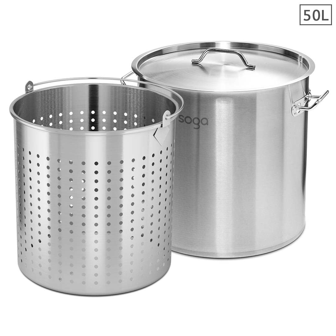 SOGA 50L 18/10 Stainless Steel Stockpot with Perforated Stock pot Basket Pasta Strainer Soga